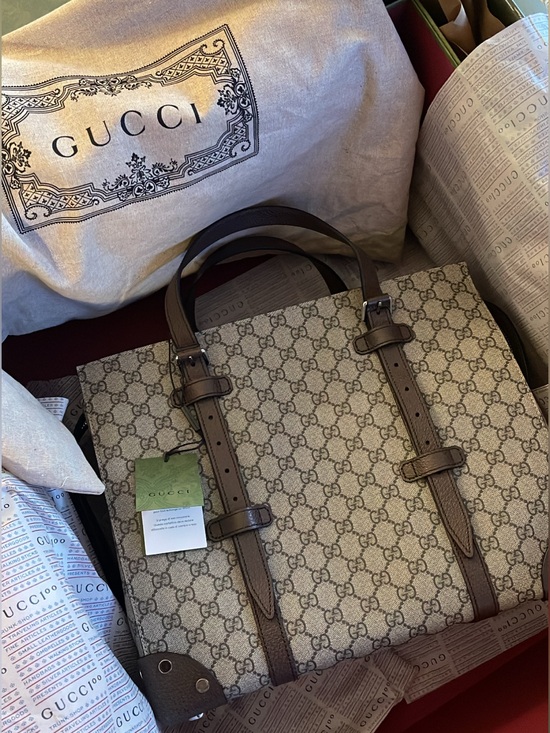 Gucci Handbags - Gucci GG Supreme Bag Canvas Tote with Brown Leather Straps